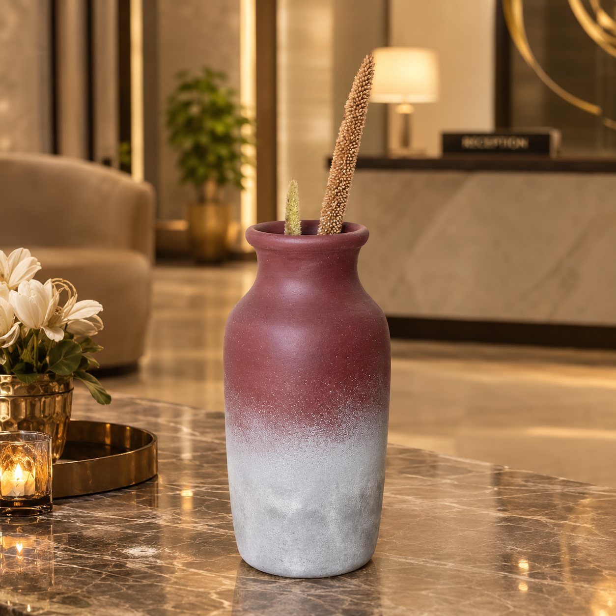 Ombre Burgundy & Frosted White Ceramic Vase