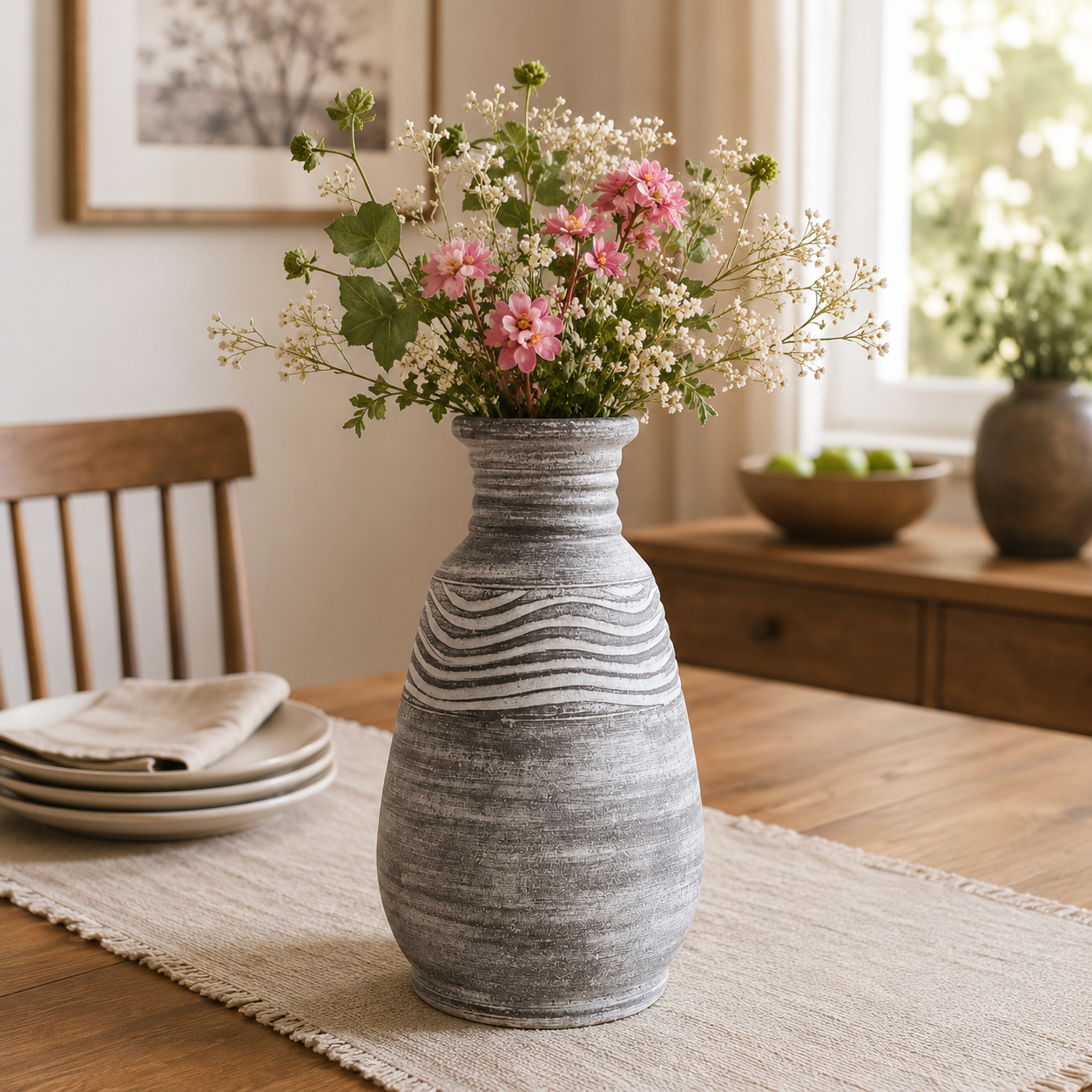 Rustic Grey Ceramic Vase with Layered Wave Detailing