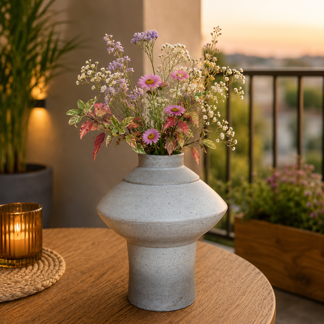 Rustic White Ceramic Vase with Wildflower Arrangement