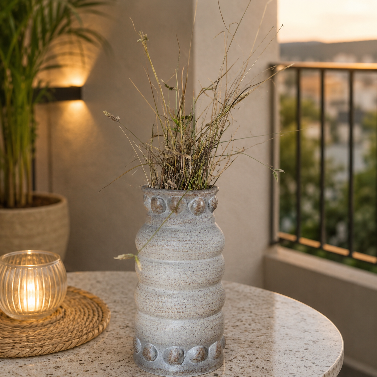 Vintage Textured Ceramic Vase with Decorative Grass Arrangement